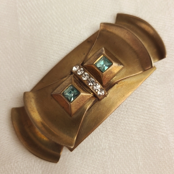 Antique Brass Brooch Set With Aquamarine and AB Rhinestones - Picture 7 of 7